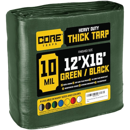Core Tarps Heavy Duty Tarp, 16 ft L x 0.5 mm H x 12 ft W, 10 Mil, Green/Black, Polyethylene CT-603-12X16